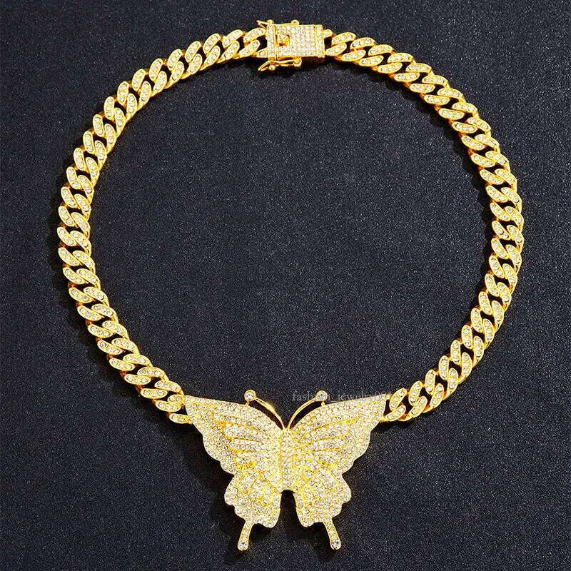 Hip Hop Necklace Ins Style Personality Trend Alloy Full Dia Big Butterfly Cuban Chain Jewelry