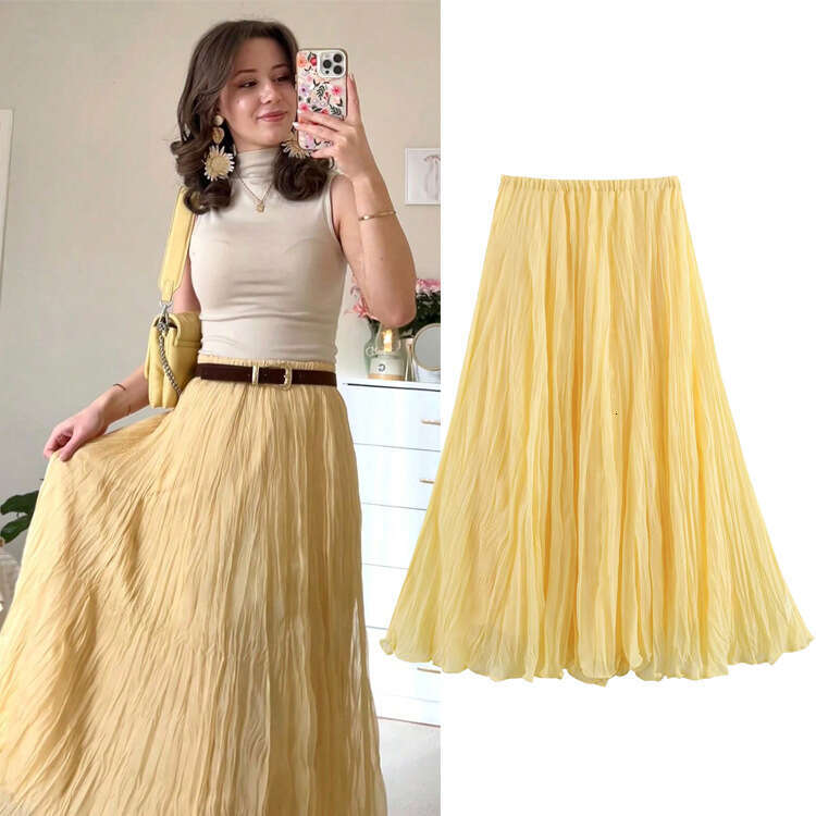New Summer Women's Mid-Length Casual Vacation Yellow Pleated Skirt B5