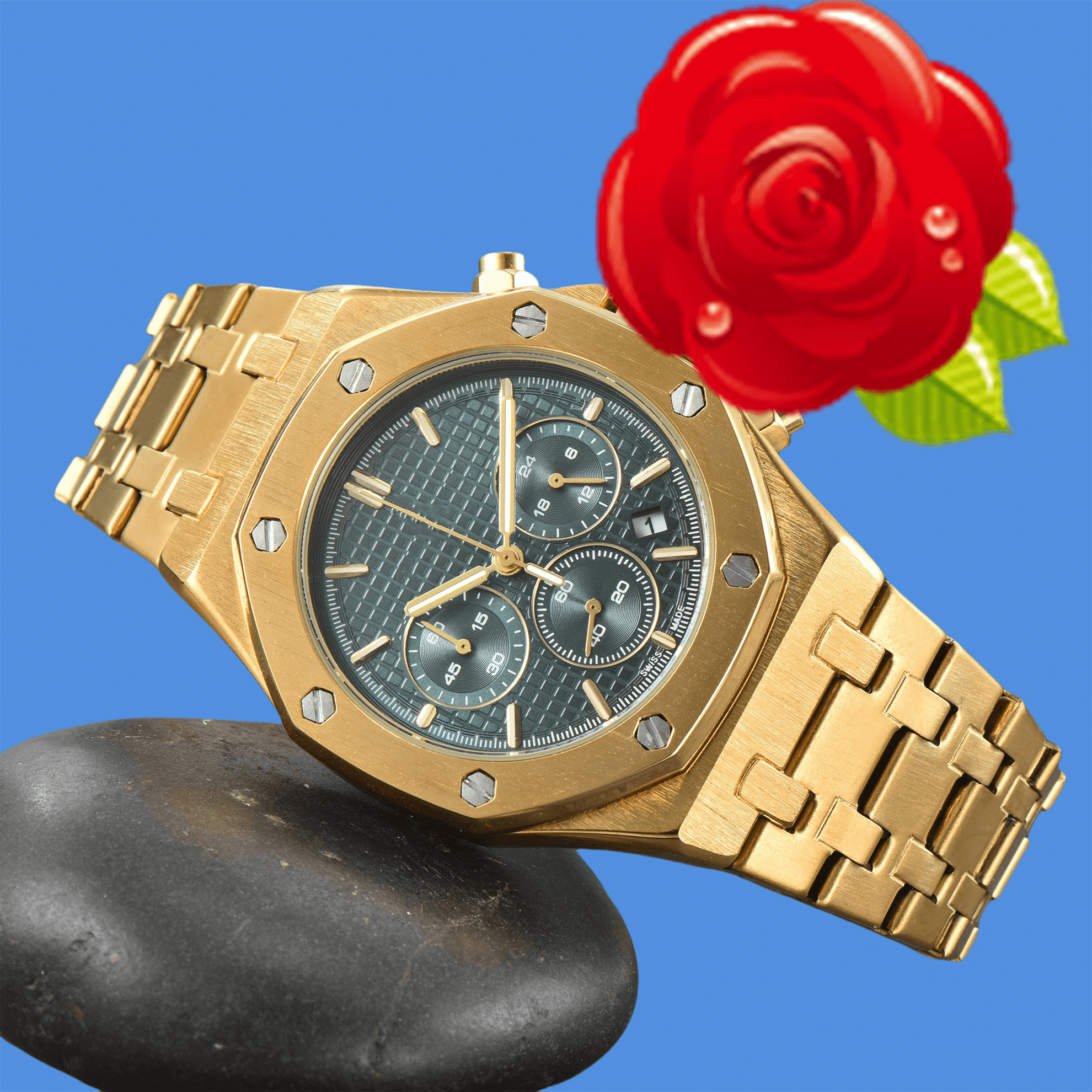 New APity ROYALOAKITY Fashion watch Mens Automatic Quartz Movement High Quality Wristwatch Hour Hand Display Metal Strap Simple Luxury Popular Watch #324
