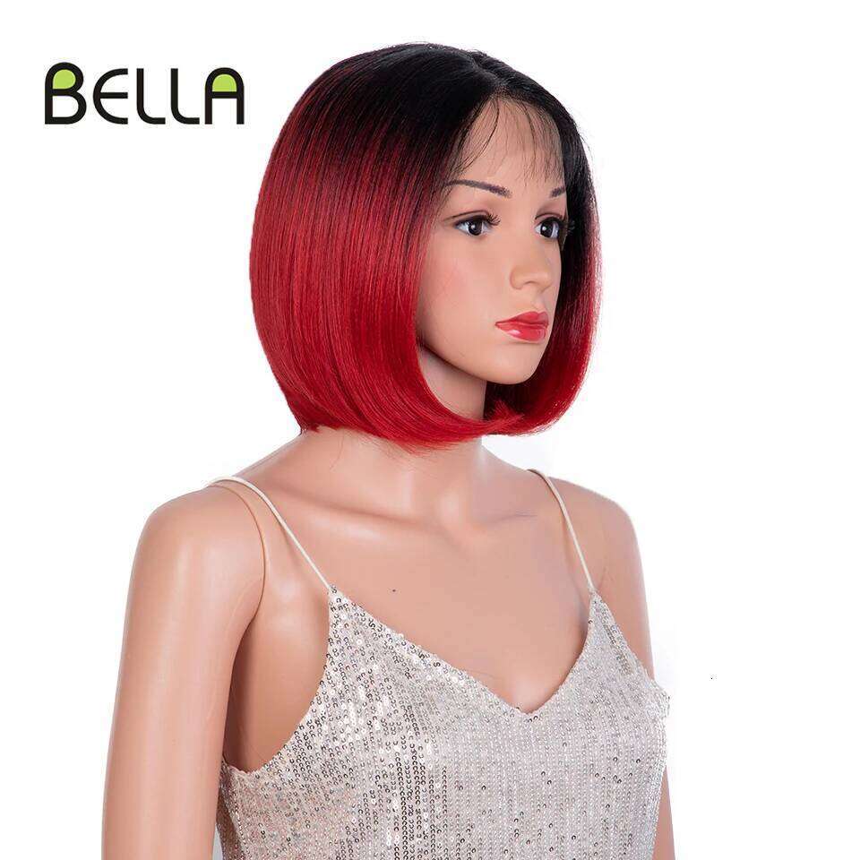 Bella Synthetic Lcae Front Short Bob Cosplay Wig Ombre Red Color Heat Human Hair Resistant For Black Women