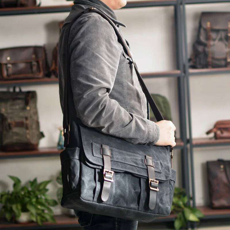 Wax Canvas Splicing Real-Leather Vintage Men's Single-Shoulder Fashion Computer Messenger Bag