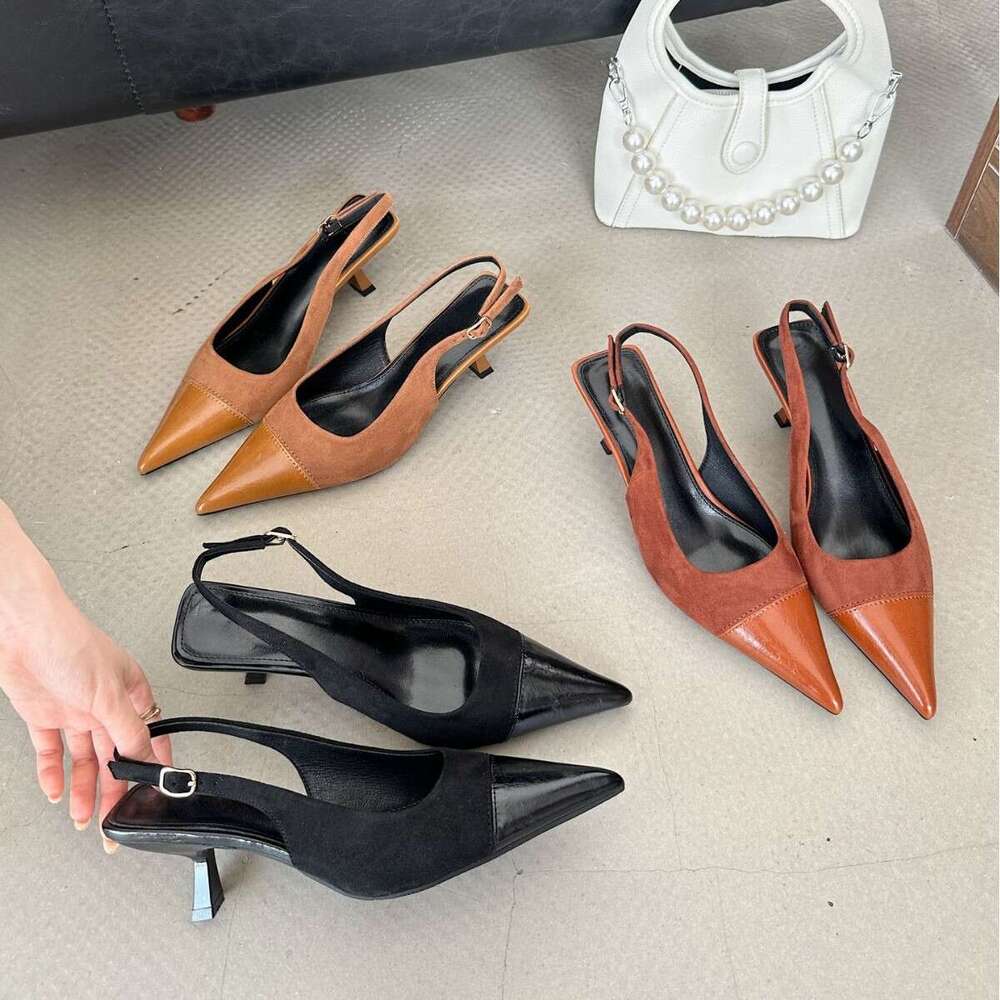 Single for Outdoor Wear, High-End Feel, Thin Heel, Comfortable, Pointed Toe, Open Back, High Heels, Patchwork Style, French Style Women's Shoes