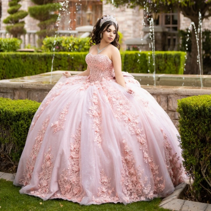 Pink Shiny Quinceanera Dresses Off Shoulder Ball Gown Sweet 16 Dress Applique Flower Beads Bow Tull Birthday Party Vestidos 15 De Anos