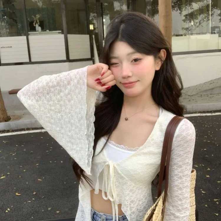 2025 Summer New Lace Oversized Cardigan Y2k E-Girl V-neck Up All-match Shirts Women Mid-length Long Sleeve Tops X250724