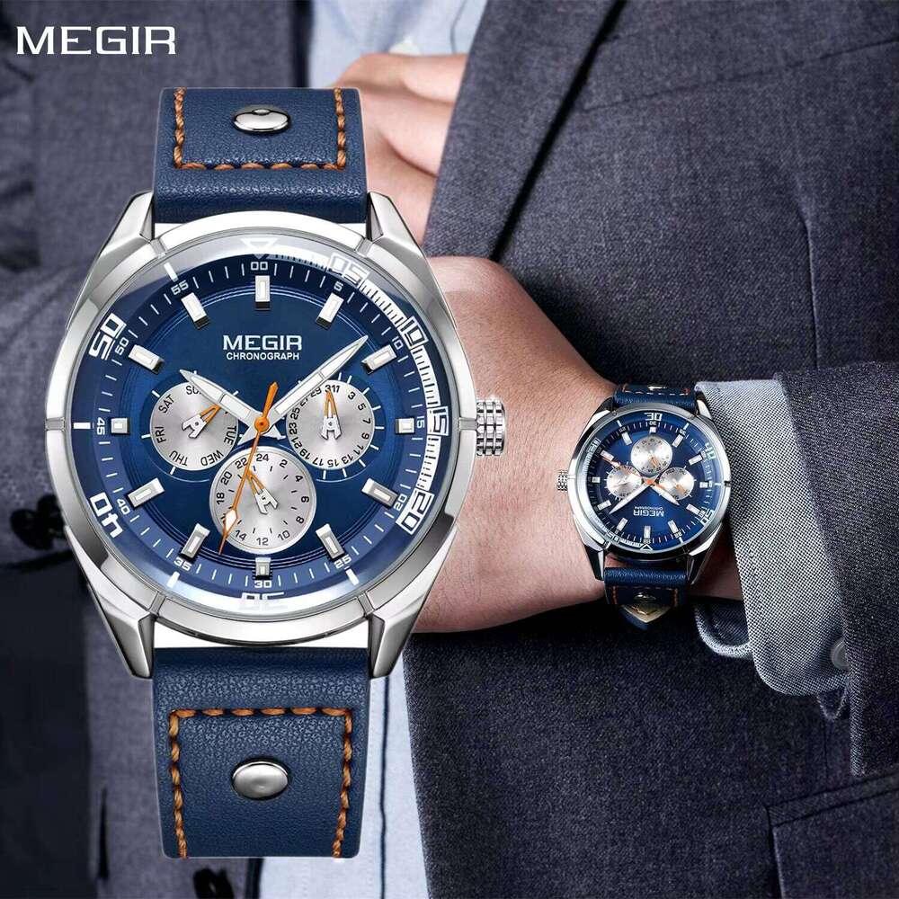 MEGIR Men's Calendar Week Watch - Genuine Leather, Waterproof, Luminous, 44mm - New Release