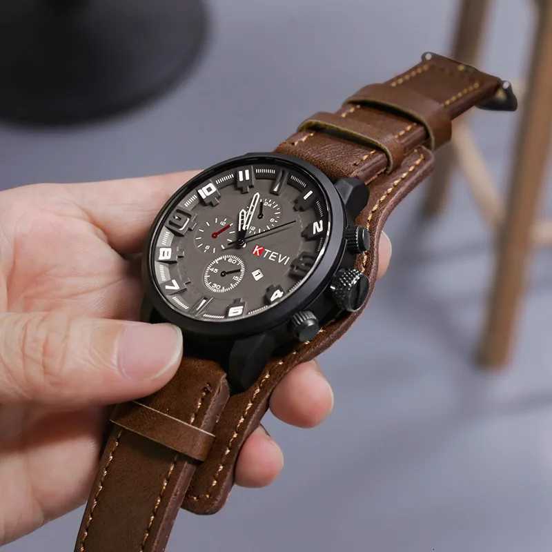 1KAZ Luxury Business Men Quartz Watch Classic Retro Mens Watches Big Dial Leather Strap Date Military Wristwatch for Man W250724