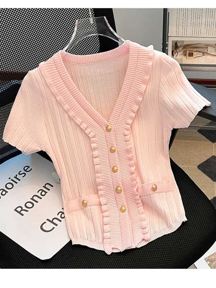 Summer New V-neck Ruffles Knitted Cardigan Womens Chic Thin Slim Short Sleeve Sweater Elastic Knitwear Tops 2025 Ladies Jumpers X250724
