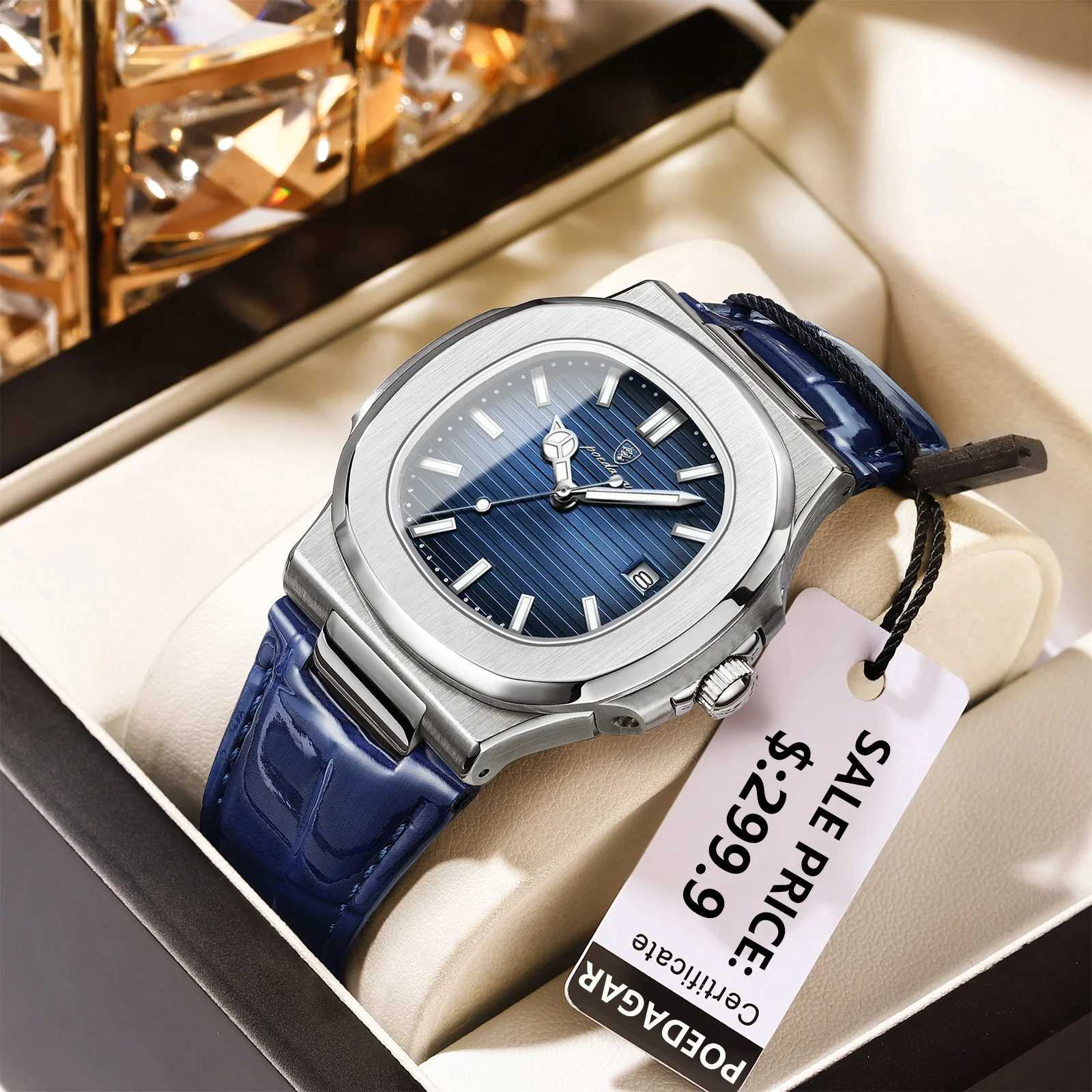 POEDAGAR Luxury Brand Square Watches For Man Waterproof Luminous Date Quartz Mens Watches High Quality Leather Sports Men Watch W250724