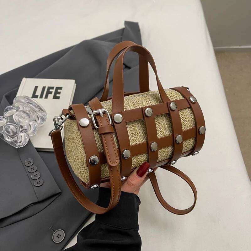 Retro Rivet Crossbody For Women Boho Hollow Out Straw Handbag Lady Girls Shoulder Phone Purse Small Round Bag Black