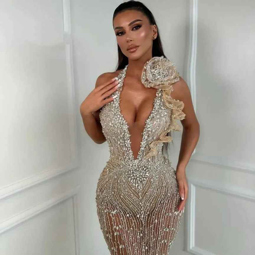 Elegant Beaded Prom Dresses One Shoulder Evening Gown For Annversary Mermaid Long Mermaid Party Dress Customized Formal Party Dress Vestido De Noite