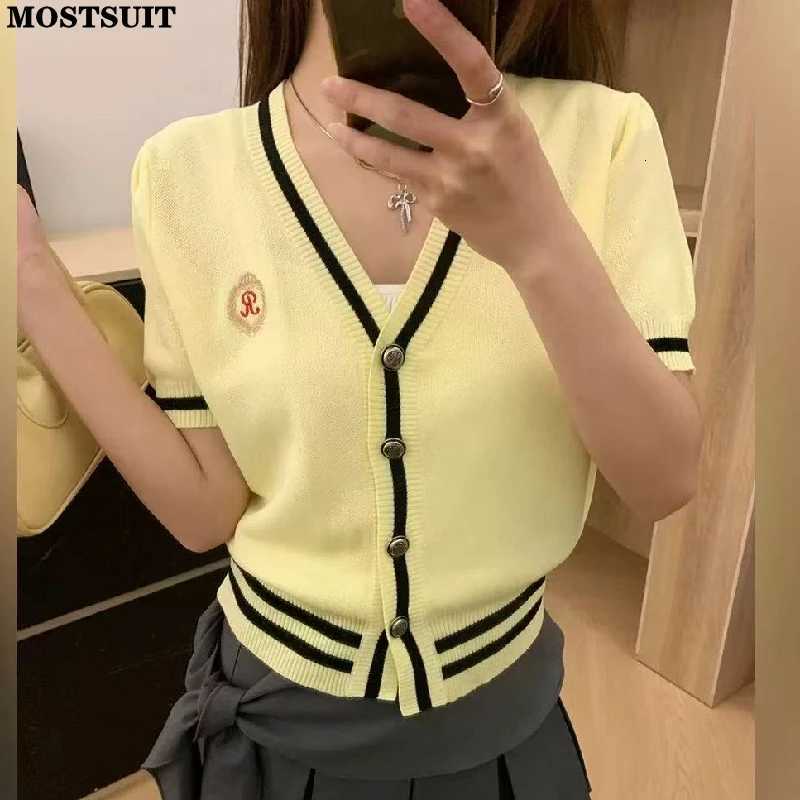 2025 Summer V-neck Knit Sweater Cardigan Women Striped Embroidery Single-breasted Tops Knitwear Short Sleeve Stylish Chic Jumper X250724