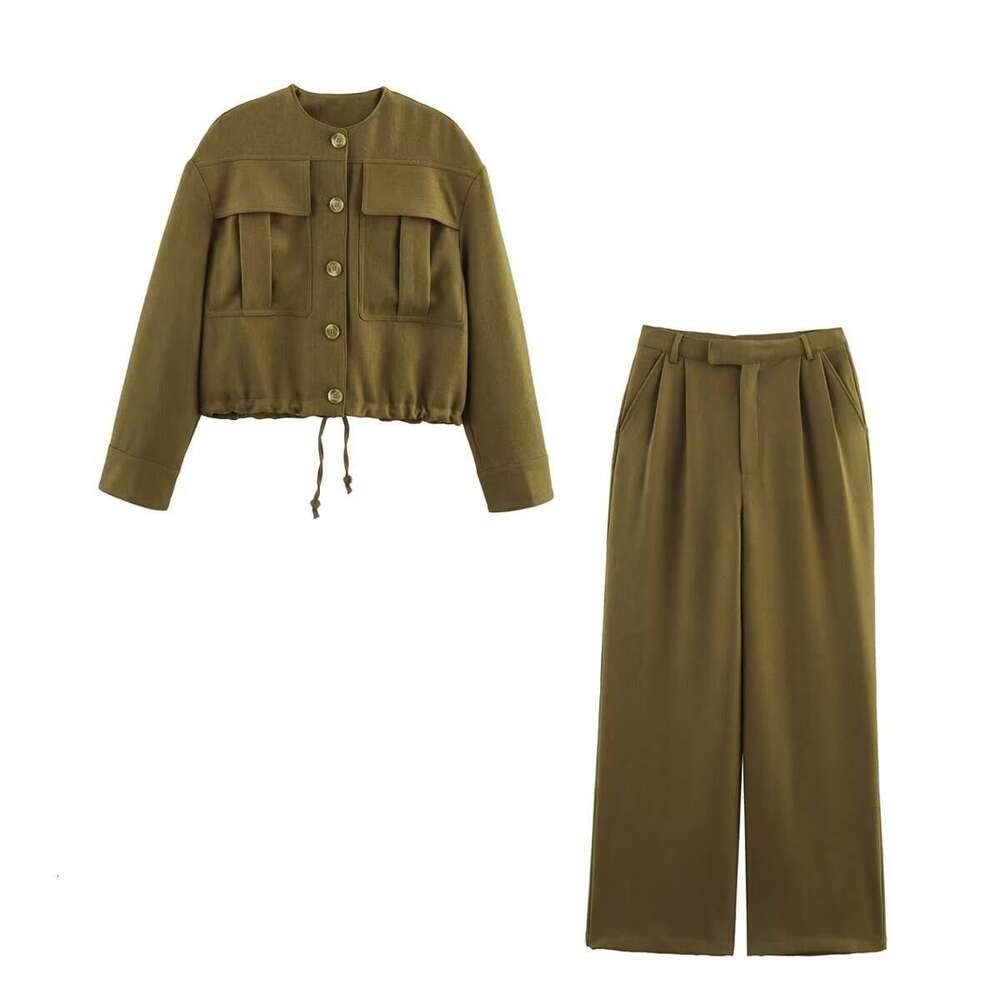 TRAFZA Women's Spring New Style Three-Dimensional Pocket Decor Pilot Jacket High-Waisted Straight-Leg Pants Set B5