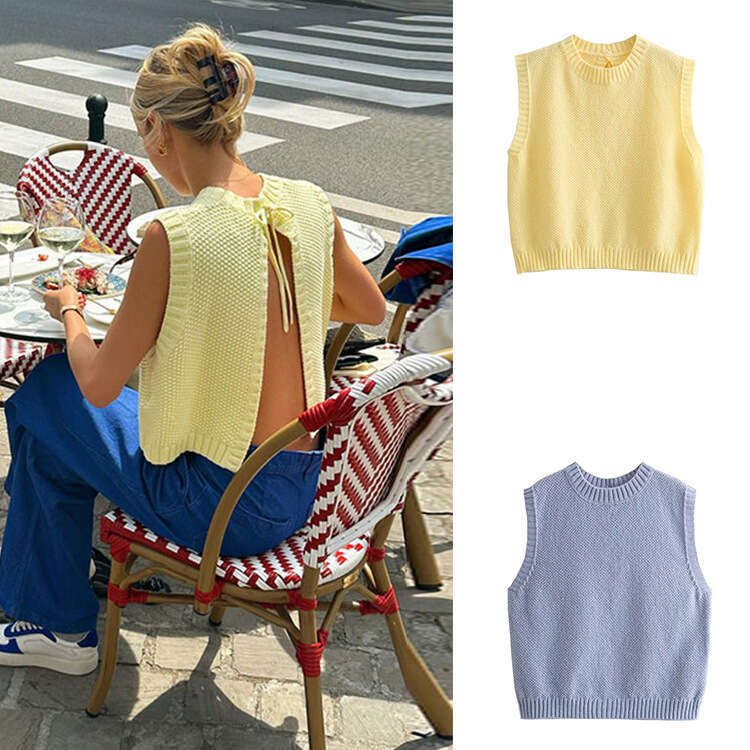 TRAFZA Women's Fashion Knitted Sweater Backless Tie Versatile Short Style B5