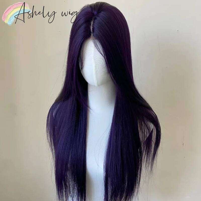 13X4 Dark Wig Long Straight Purple Synthetic Front For Woman Human Hair Daily Use Heat Resistant Fiber Glueless Lace Wigs