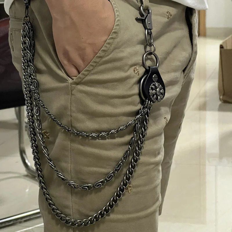 Halloween Hip hop punk pants chain Jeans Skeleton decoration on the waist Genuine leather metal jewelry 250722