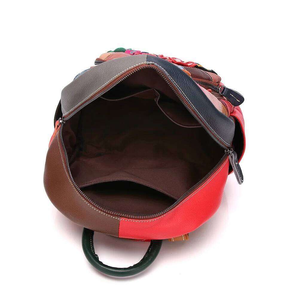 Genuine Leather Fashion Backpack Cowhide Colorful Design Model Handmade Flower Splicing Color Collision College Ladies Schoolbag