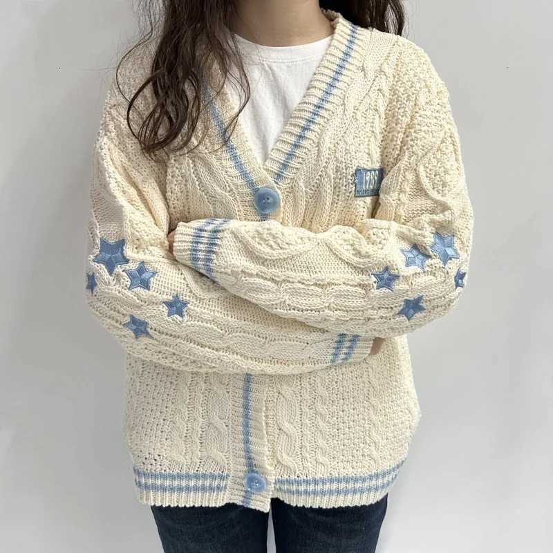 1989 Beige Knitted Cardigans with Blue Star Women Autumn Warm V-neck Knitted Sweaters Winter Vintage Casual Loose Tops X250724