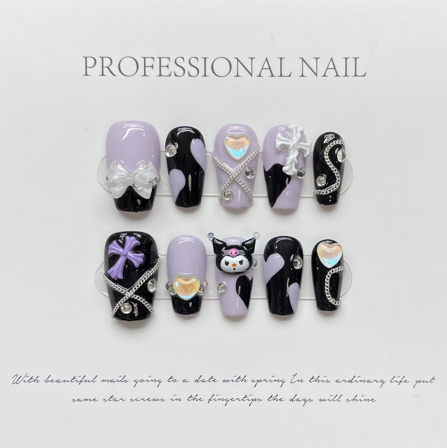 New Dopamine Color Matching Kuromi Fake Nail Patch Small Black Purple Spicy Nail Patch Long Short