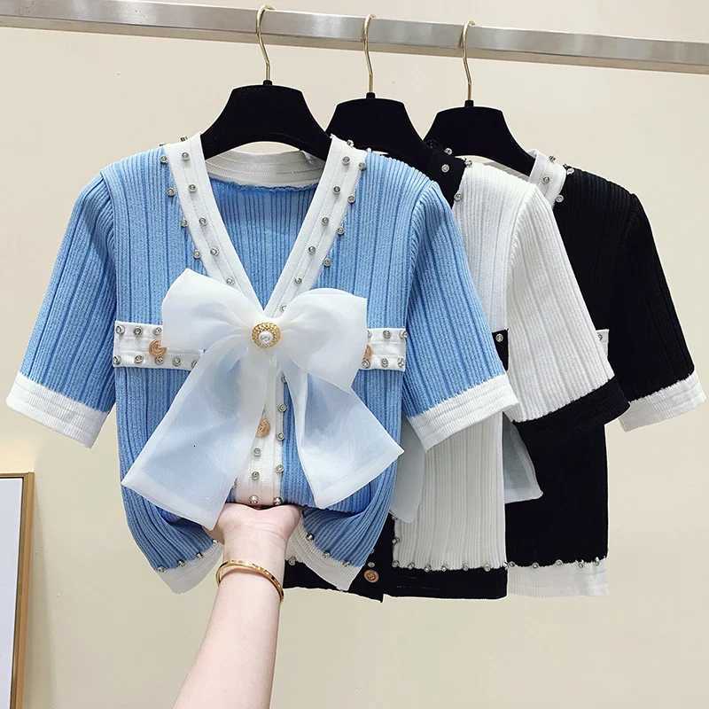 2025 New Summer Fashion Women Bow V Neck Single-Breasted Knitted Short Sweater Patchwork Color NailDiamond Cardigan Tops Female X250724