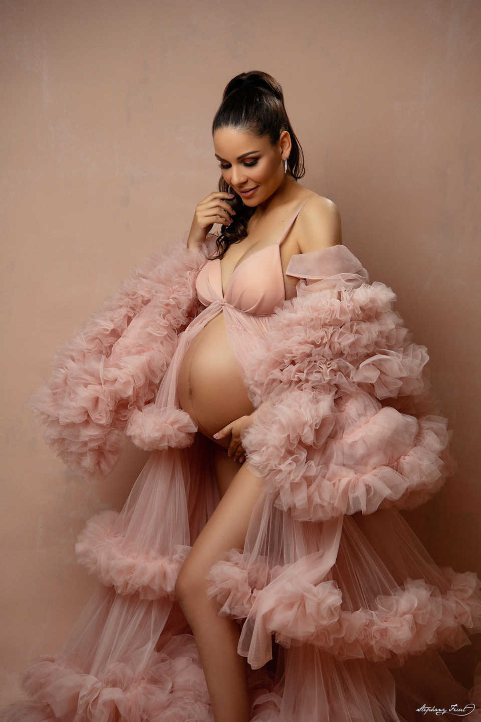 Pregnant Women Prom Dress Pink Sleeveless Dresses Ruffles Photography Props Baby Showers Pregnant Gown