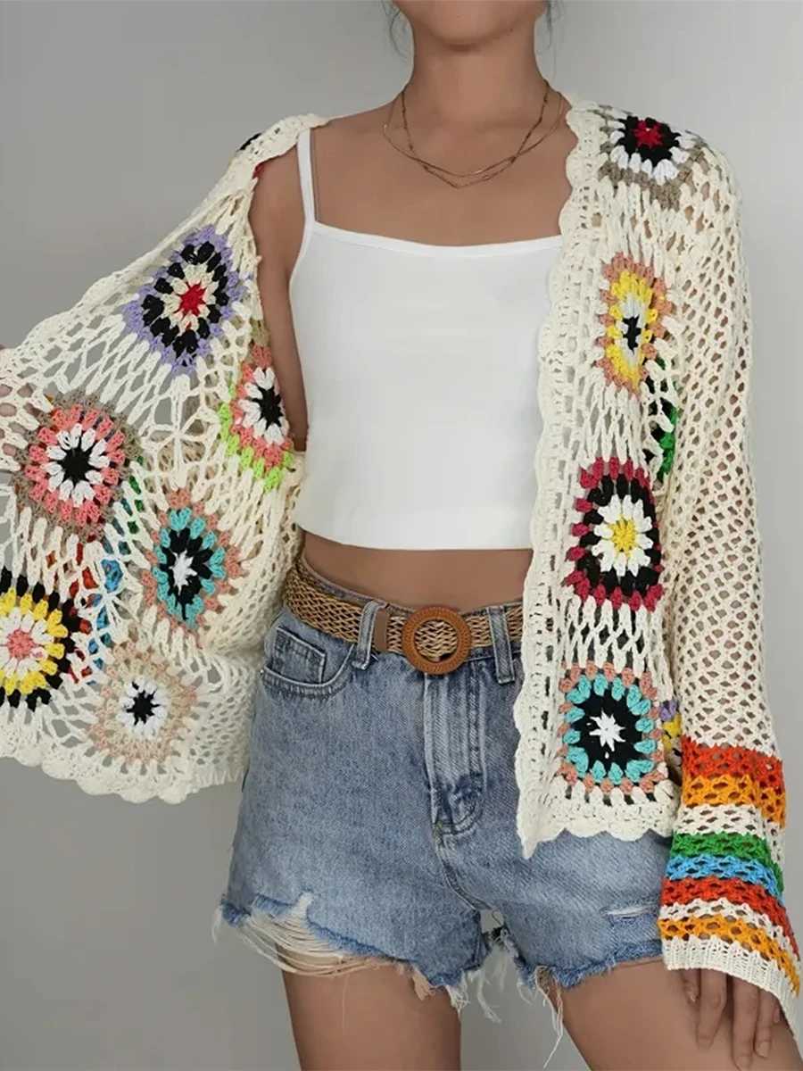 2025 Y2K Hollow Knitted Crochet Sweater Cardigan Womens Spring and Autumn Fashion Blouse Top 2000s Vintage Beach Coverups X250724