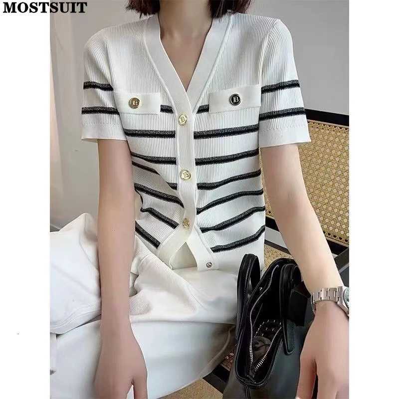 Summer V-neck Knit Sweater Cardigan Women Striped Single-breasted Short Sleeve Knitwear Tops Vintage Elegant Chic Ladies Jumpers X250724