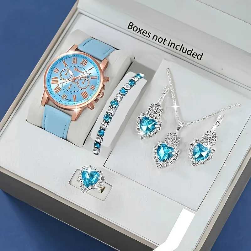 Fashion quartz watch and jewelry set shock-resistant circular analog digital display PU leather strap zinc alloy case W250724