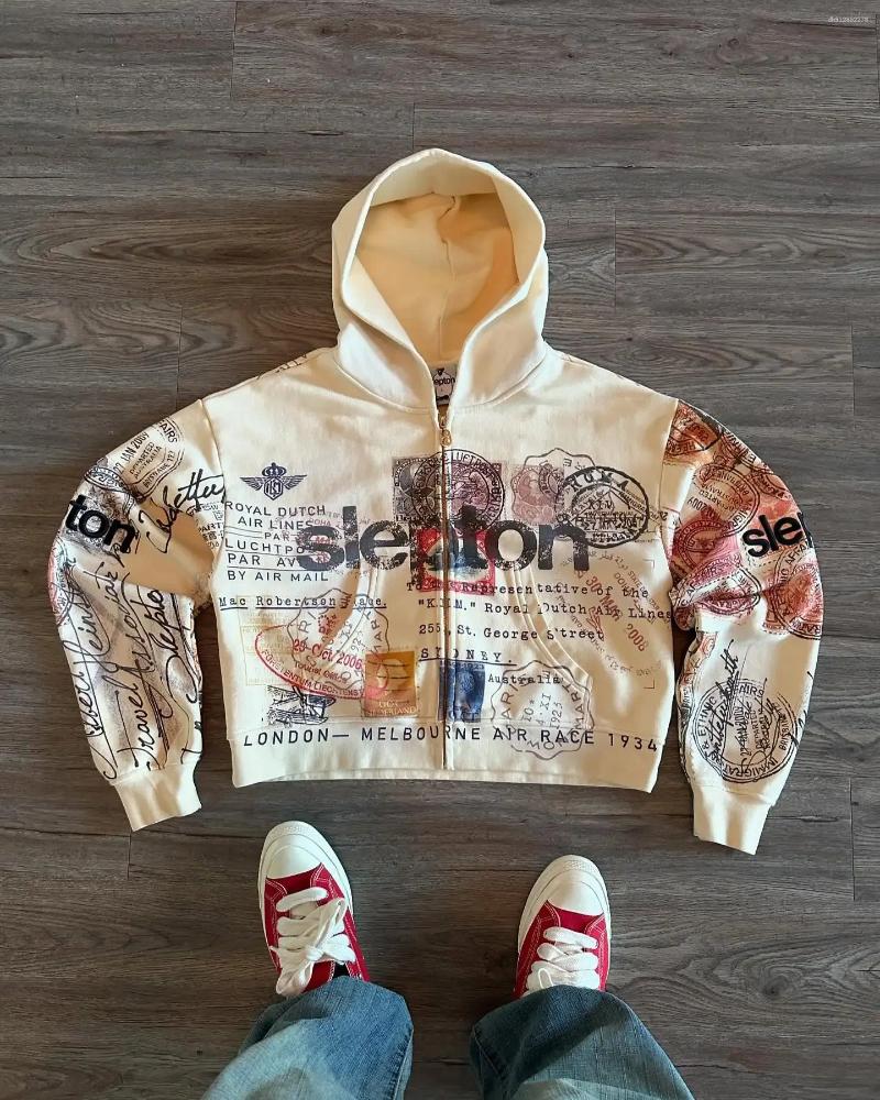 Men's Hoodies American Retro Letter Print Zipper Hoodie Women Trendy Casual Oversized Sweatshirt Men Hip-hop Punk Harajuku Streetwear