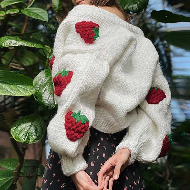 3D Strawberry Embroidery V-neck Lantern Long Sleeve Knitted Cardigan Coat for Women Y2K Single-breasted Knitwear Jacket X250724