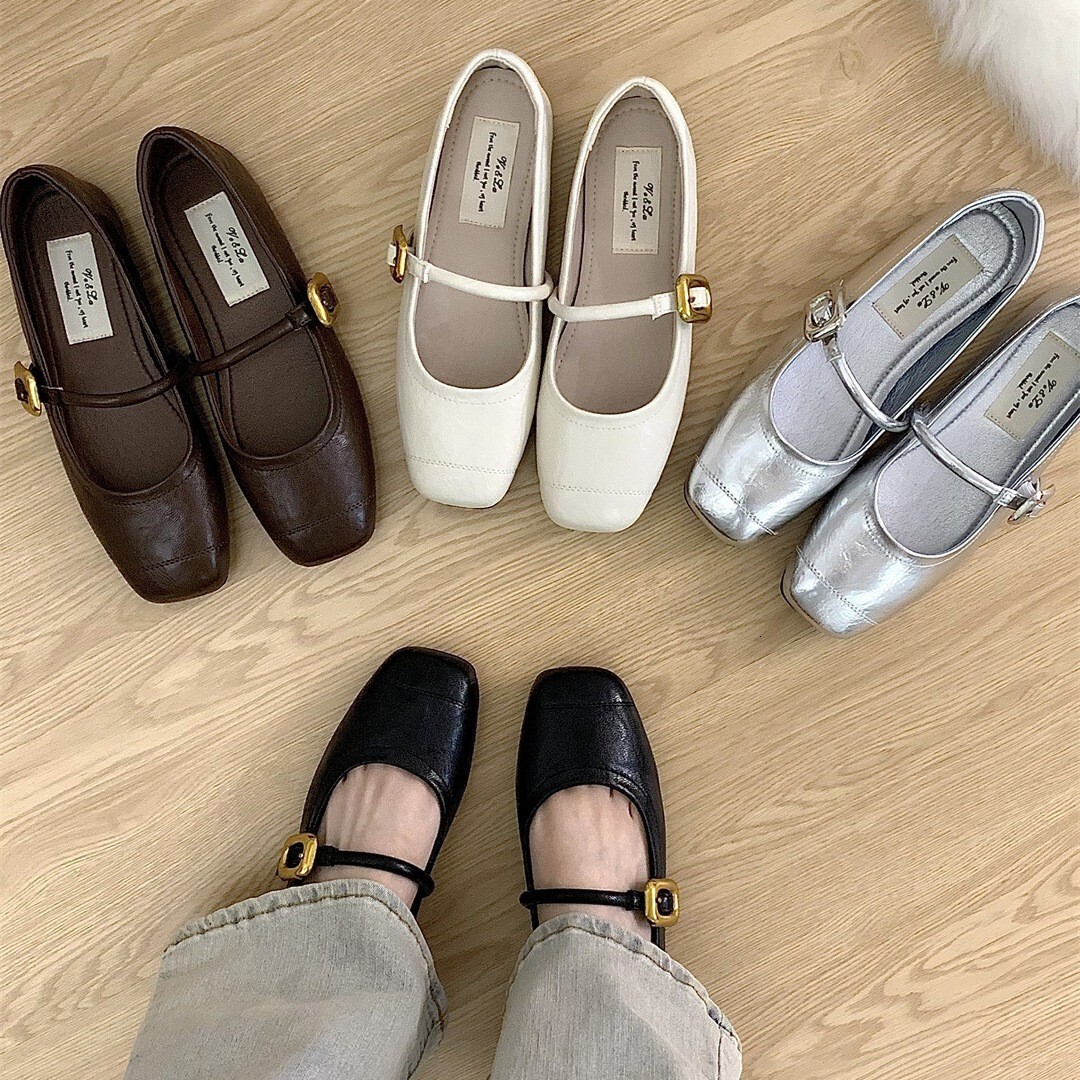 Korean Style Versatile One-Strap Silver Women's Summer French Mary Jane Flat Small Leather Shoes ddmythur