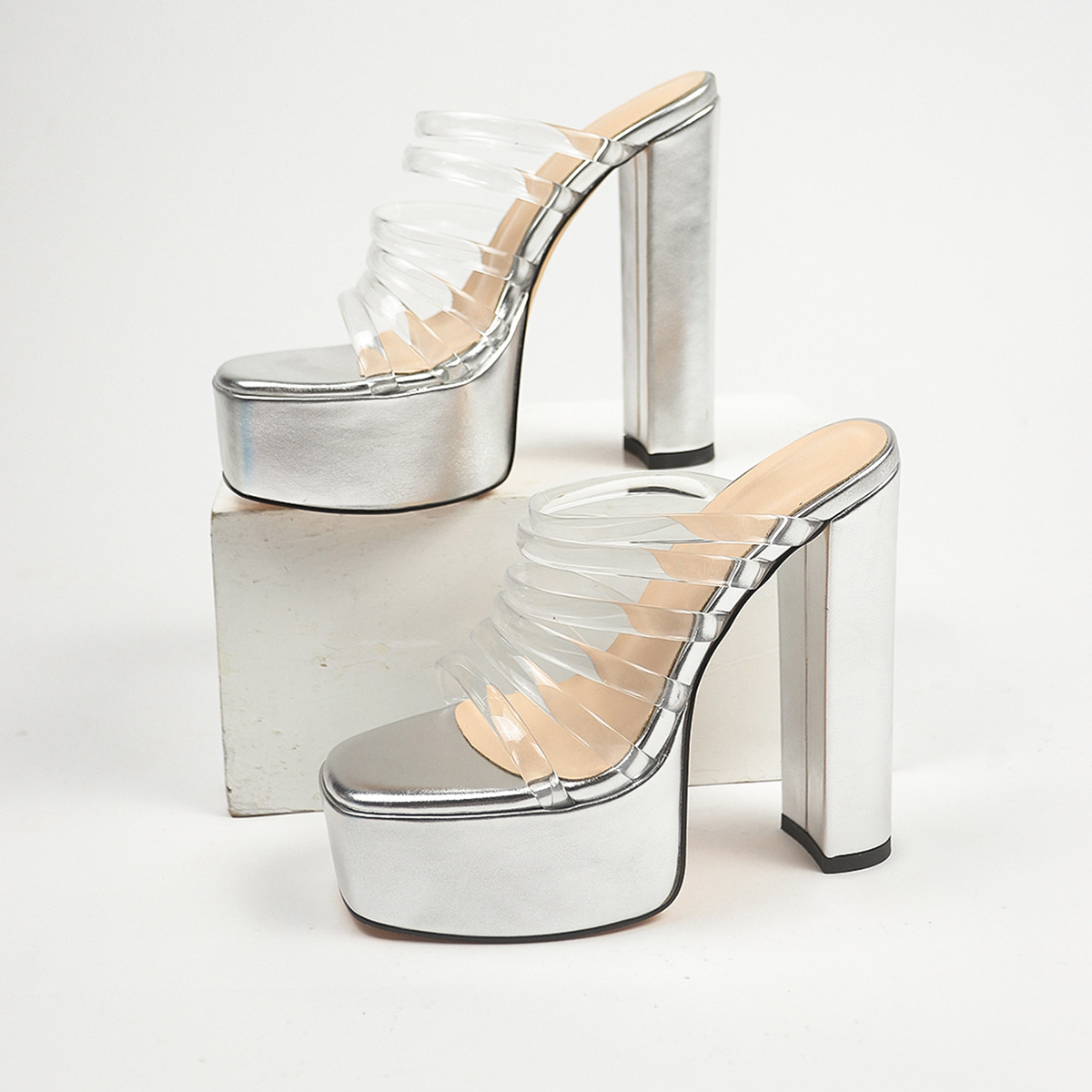 Women's Extreme Height 15.5cm Platform Heels - Rhinestone Strap Glam Sandals, Non-Slip Sole, Bold Silver
