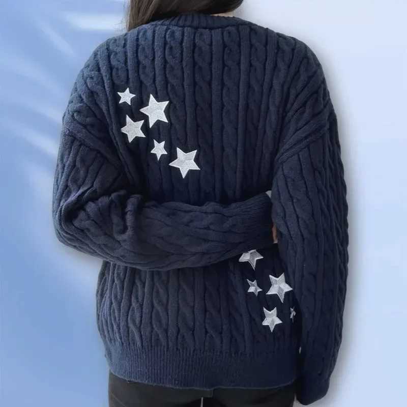 Winter Midnight Navy Blue Knitted Cardigans Women Spring Y2k Casual Star Embroidery Single Breasted XS-5XL Sweaters X250724