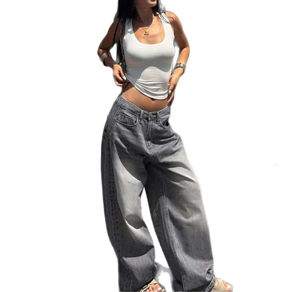 Light Gray Washed Straight-Leg Jeans for Women American Style Design Floor-Length Pants
