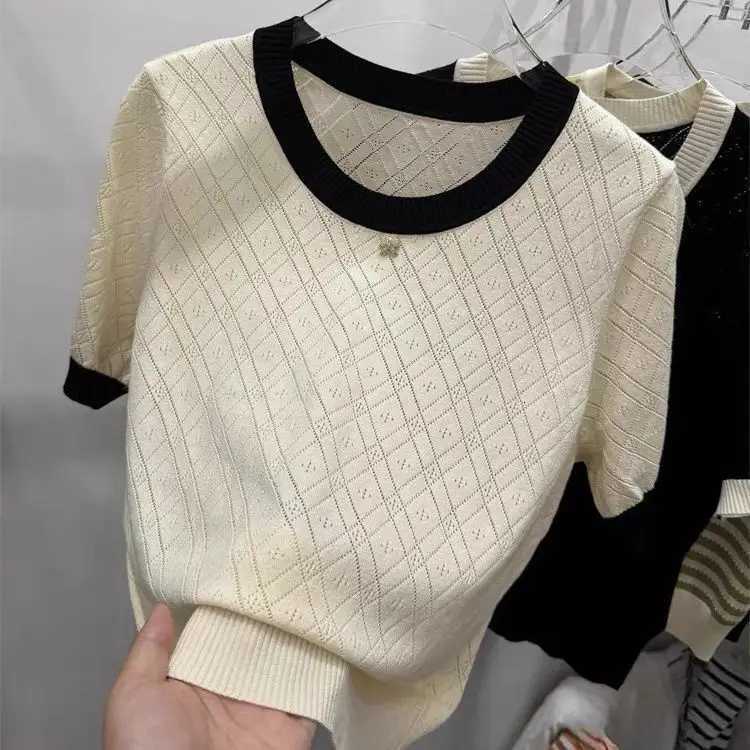 Ice Silk Knitted Sweater New Round Neck Contrasting Color Hollow Summer Fashion Loose Slim Versatile Short-Sleeve Top for Women X2507241