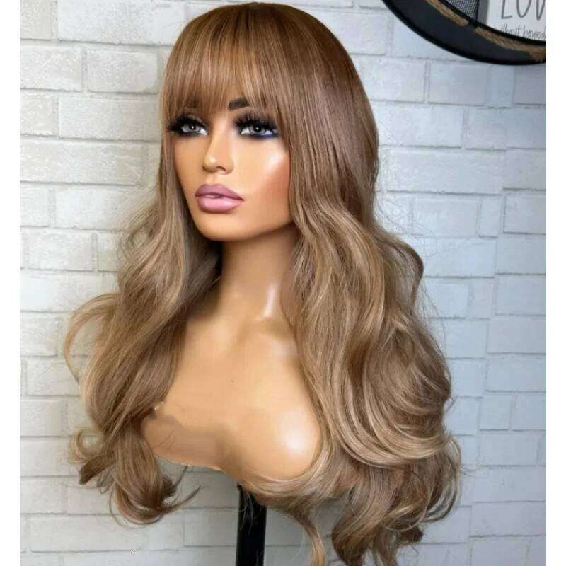 For Women 24 Inch Middle Part With Bangs Synthetic Heat Resistant Fiber Long Natural Light Blonde Brown Wavy Wig