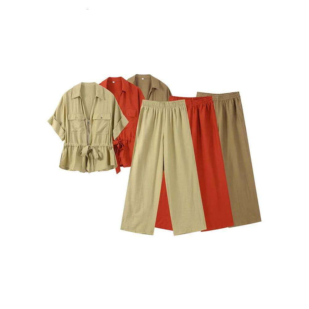 Designer niche casual loose zipper V-neck lace-up pleated top wide-leg trousers set summer women's single clothing new product