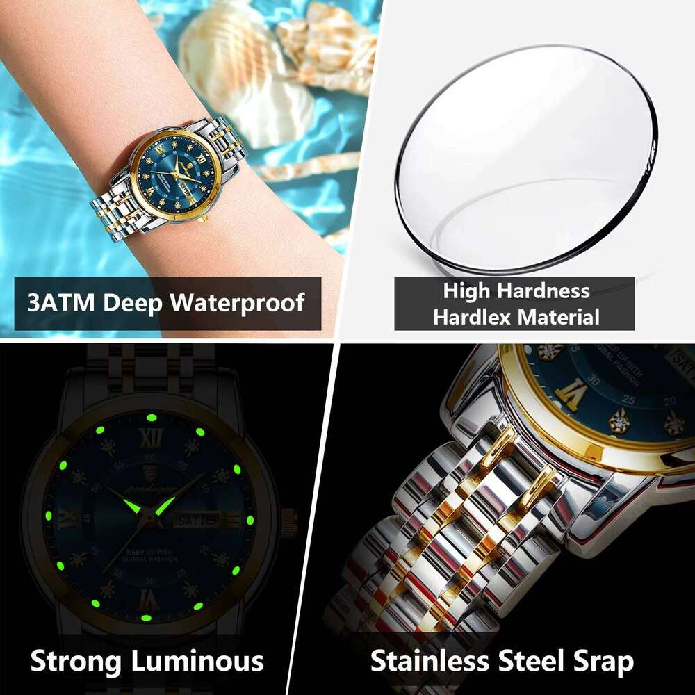 DHgargets POEDAGAR Hot Selling Waterproof Women Wristwatch Stainless Steel Luminous Date Week Ladies Quartz Watches