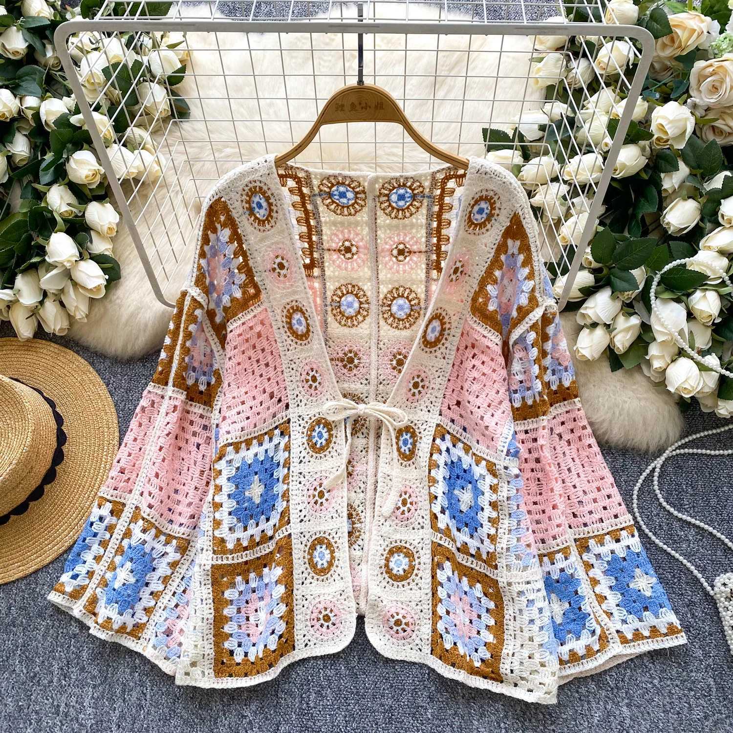 1920s Vintage Knit Hollow Out Elegant Fashion Sexy Cardigan Shirt High Street Summer Beach Women Blouse Women X250724