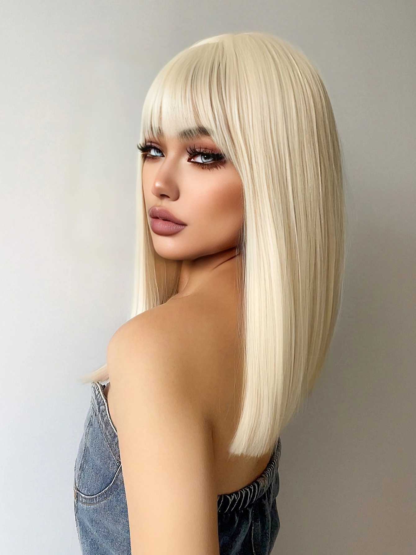 18Inch Platinum Blonde Synthetic Wigs With Bang Long Natural Straight Hair Wig For Women Daily Use Cosplay Party Heat Resistant G250915