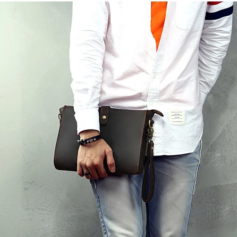 100% Genuine Leather Clutch Bag With Wrist Band 7.9 Ipad Iphone Clutches For Male Men Hand Bag Real Cowskin Mini Shoulder Bag 250723