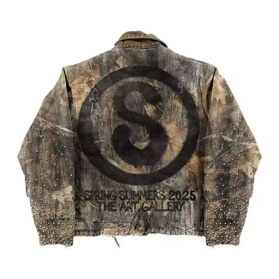 Women's Wear Retro Camouflage Leaf Y2k Coats Mens Womens Haruku Hip Hop Letter Embroidery Patchwork Oversized Jacket Casual Clothes