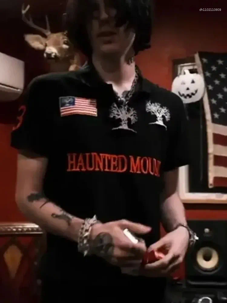 Men's Polos Y2k Haunted Mound Short Sleeve Shirts Collar Retro T-shirt Gothic Pattern Embroider Men Women 2000s Street Clothing
