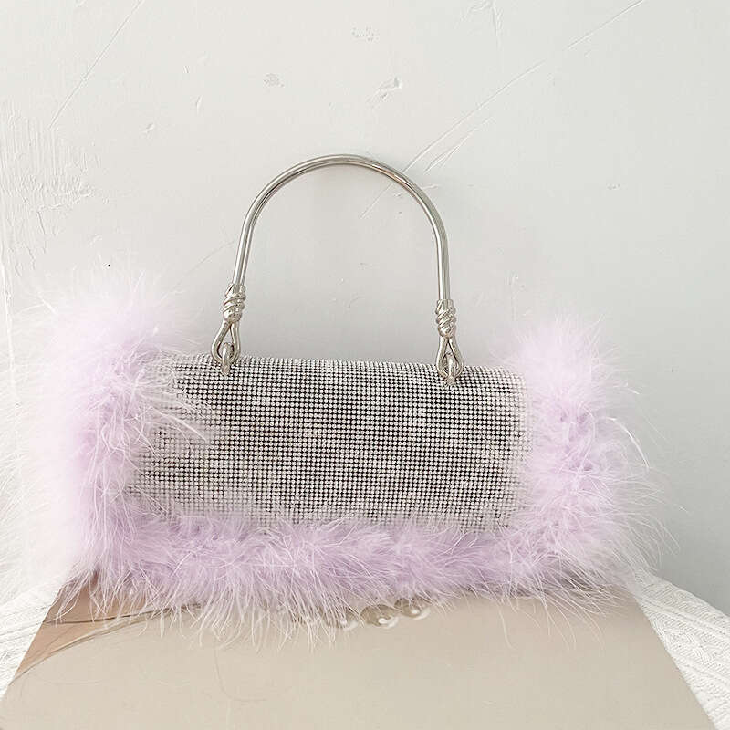 Designer Luxury Evening Diamond Niche Design Ostrich Feather Handbag Full Rhinestone Small Square Fluffy Crossbody Chain Evening Bag