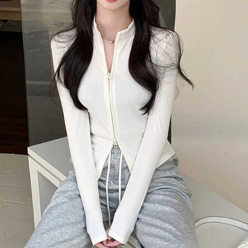 Spring Autumn Fashion Double Zipper Cardigan Sweaters Women Casual Sports Stretch Skinny Top Chic Versatile Knitted Short Jacket X250724