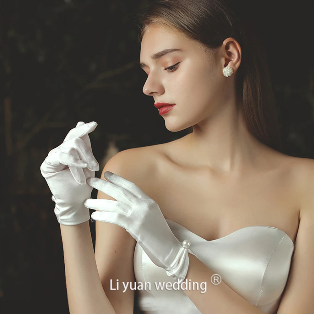 bride wedding dress gloves short chiffon pearl white gloves light dreamy lace wedding gloves 250722