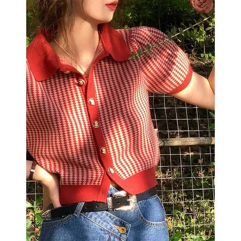 French Style Vintage Puff Sleeve Women Thin Knitted Short Sleeve Cardigan Summer New Fashion Striped Turn-down Collar Slim Tops X250724