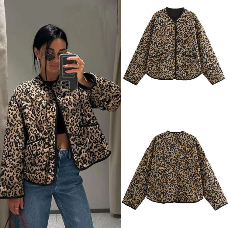 TRAFZA Autumn New Women's Animal Print Leopard Long Sleeve Cotton Jacket Coat B5