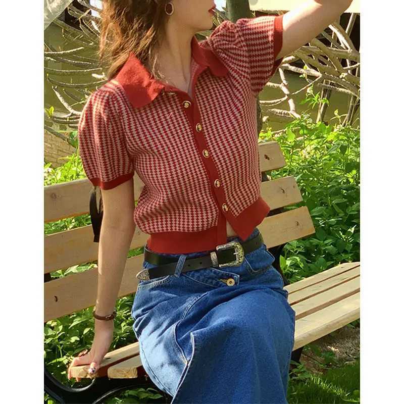 French Style Vintage Puff Sleeve Women Thin Knitted Short Sleeve Cardigan Summer New Fashion Striped Turn-down Collar Slim Tops X250724