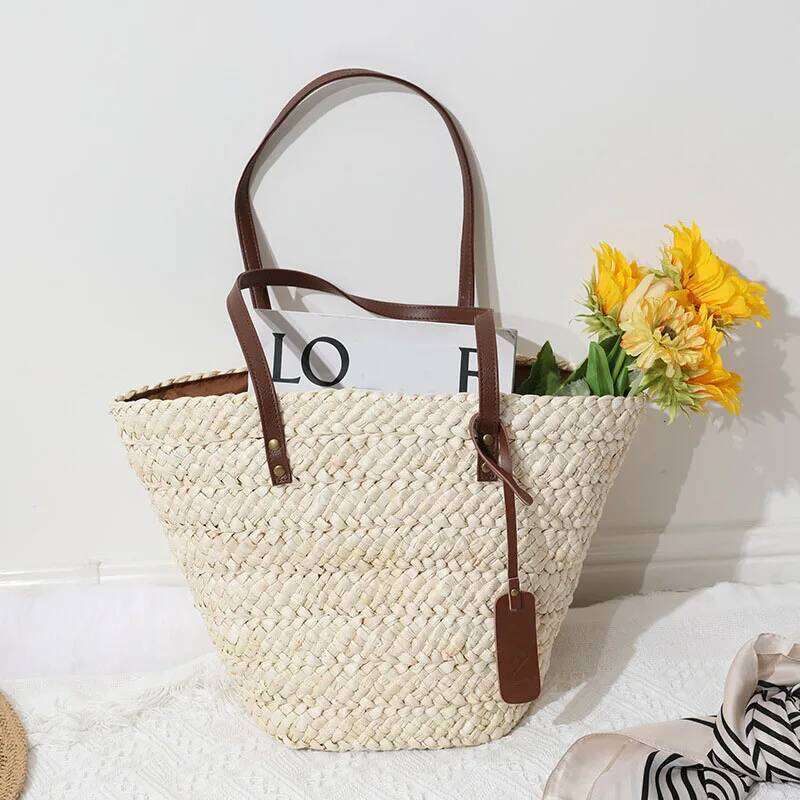 Women's shoulder corn husk straw versatile hand woven portable vegetable basket bag Holiday Beach Bag
