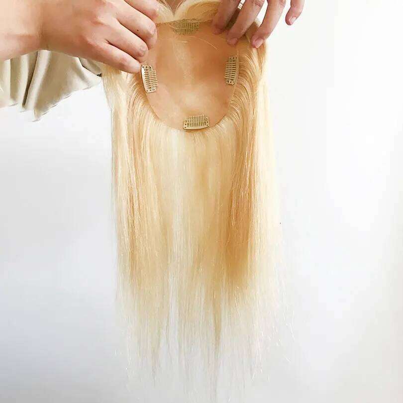 Blonde Color Silk Women Topper Air Bang 12x13cm Natural Scalp Top Base Straight Human Hair Piece with Clips 15x16cm